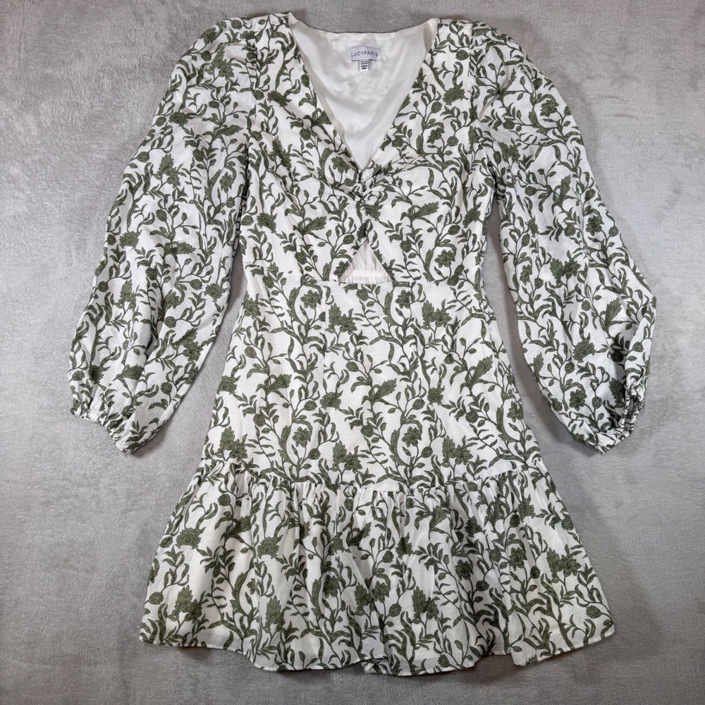 Lucy Paris Floral Twist Front Cutout Mini Dress Green White Balloon Sleeve M
